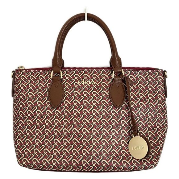 Auth FURLA - Red Dark Brown Khaki Leather Handbag - Picture 1 of 9
